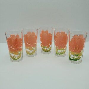 Federal Glass Cosmos Drinking Glasses Pink Peach Flowers Tumblers